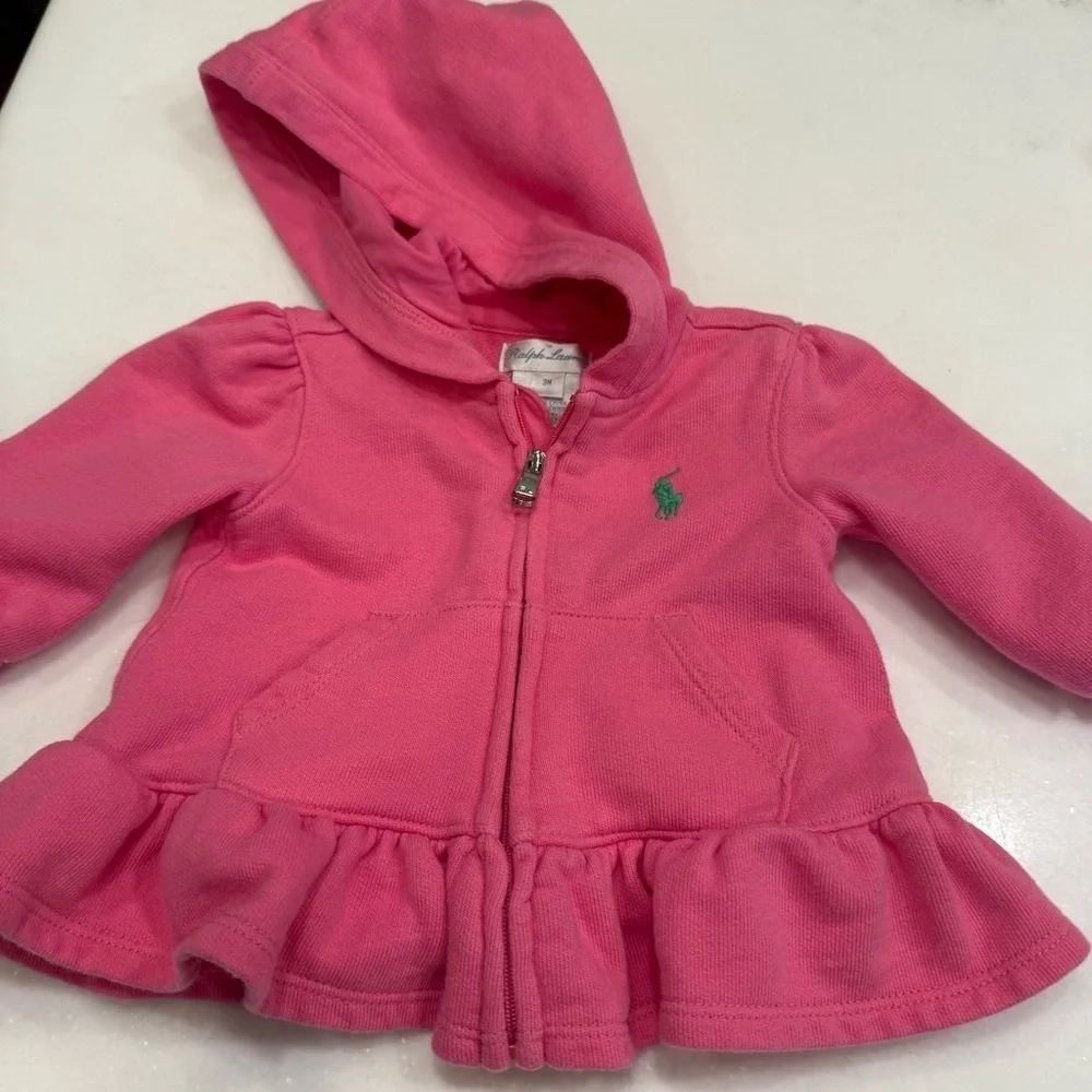 Ralph Lauren Baby Girt 2 PCS Set Pink & White Romper & Hoodie Sz 3M EUC